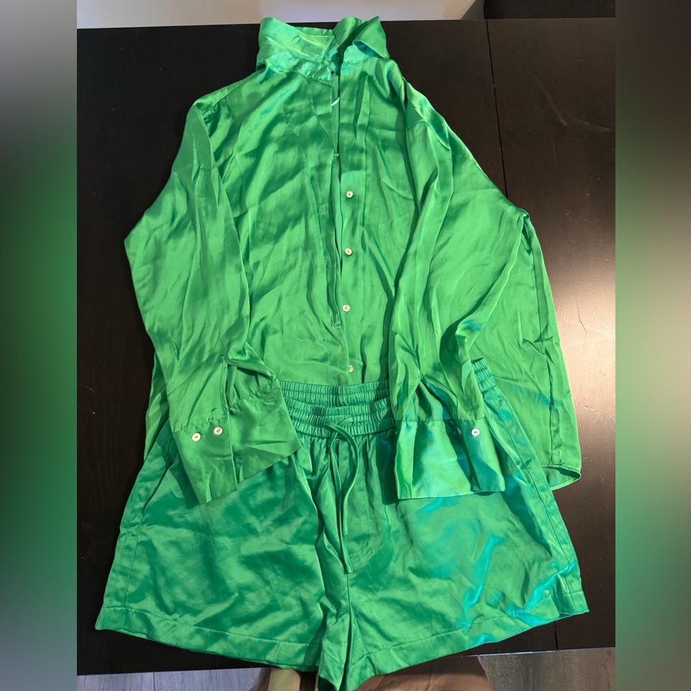 Zara Satin Green Button down shirt and shorts set